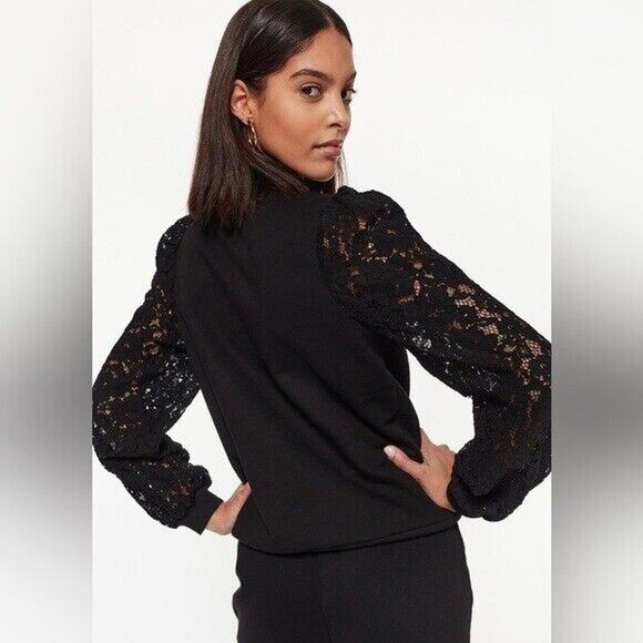 Cami NYC Risa Sweatshirt Black Velvet Lace Sleeves Puff Shoulder SZ M NWT - Picture 5 of 9